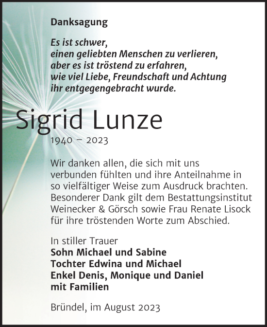 Traueranzeige von Sigrid Lunze von Trauerkombi Bernburg