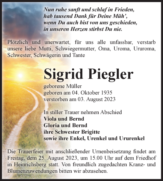 Traueranzeige von Sigrid Piegler von Volksstimme Haldensleben/Wolmirstedt