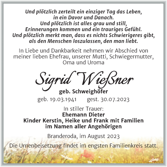 Traueranzeige von Sigrid Wießner von Trauerkombi Merseburg