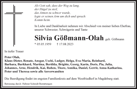 Traueranzeige von Silvia Gößmann-Olah von Volksstimme Magdeburg
