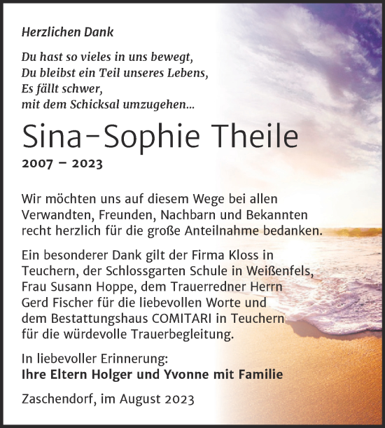 Traueranzeige von Sina-Sophie Theile von Trauerkombi Mansfelder Land