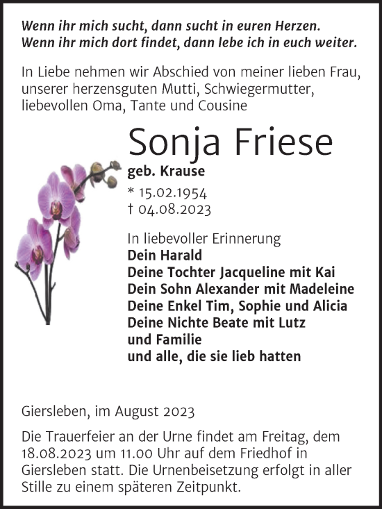 Traueranzeige von Sonja Friese von Trauerkombi Aschersleben