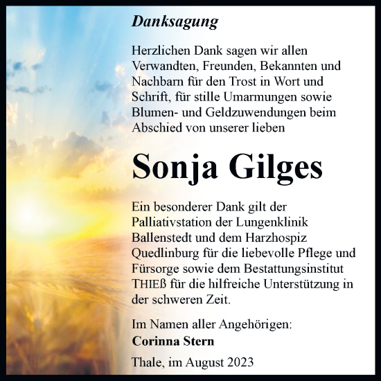 Traueranzeige von Sonja Gilges von Trauerkombi Quedlinburg