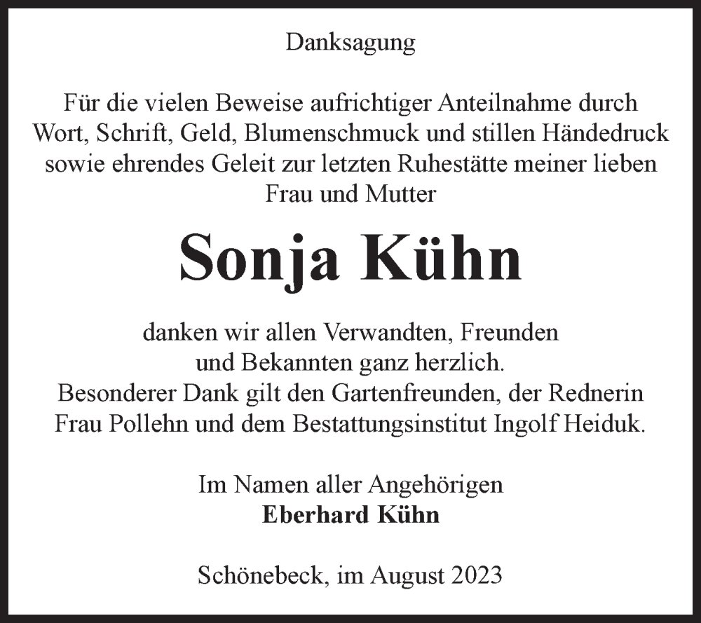  Traueranzeige für Sonja Kühn vom 19.08.2023 aus Volksstimme Schönebeck