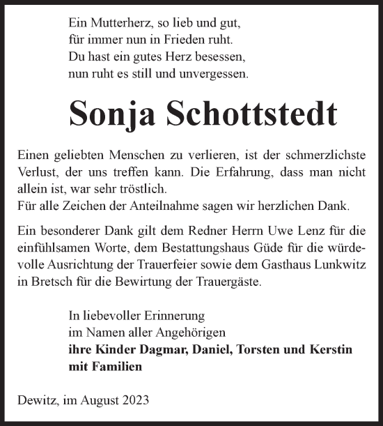 Traueranzeige von Sonja Schottstedt von Volksstimme Altmark Ost