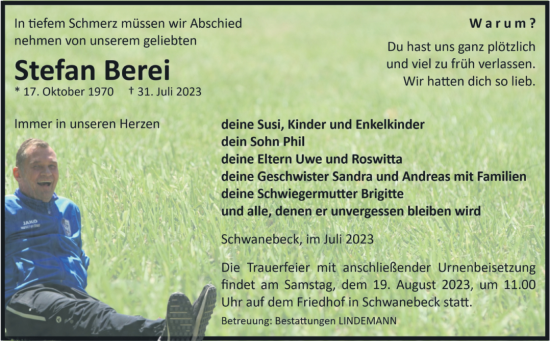 Traueranzeige von Stefan Berei von Volksstimme Halberstadt