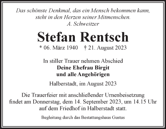 Traueranzeige von Stefan Rentsch von Volksstimme Halberstadt