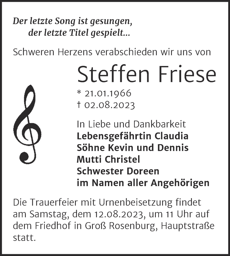  Traueranzeige für Steffen Friese vom 05.08.2023 aus Trauerkombi Bernburg