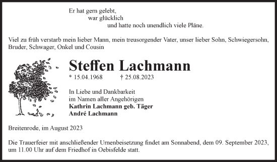 Traueranzeige von Steffen Lachmann von Volksstimme Altmark West