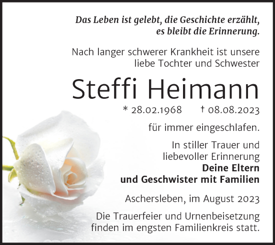 Traueranzeige von Steffi Heimann von Trauerkombi Aschersleben