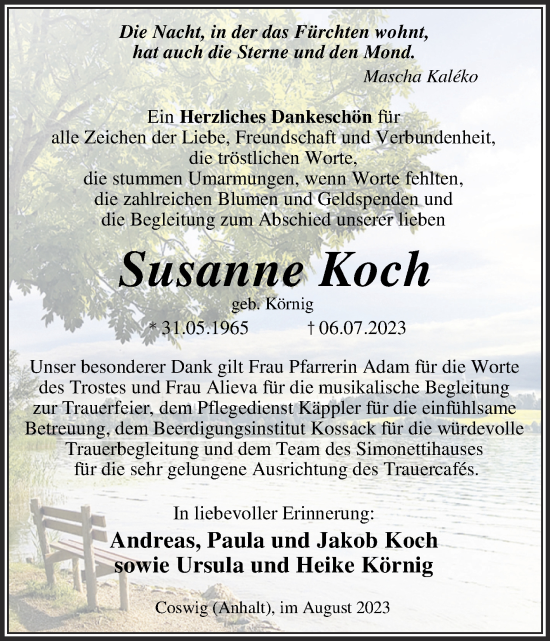 Traueranzeige von Susanne Koch von Trauerkombi Wittenberg