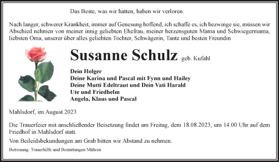 Traueranzeige von Susanne Schulz von Volksstimme Altmark West