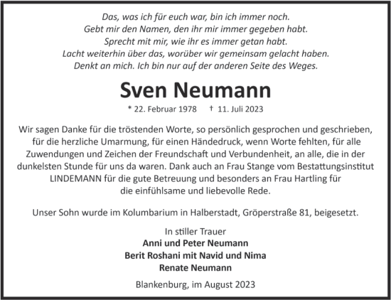 Traueranzeige von Sven Neumann von Volksstimme Wernigerode