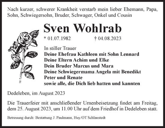 Traueranzeige von Sven Wohlrab von Volksstimme Halberstadt