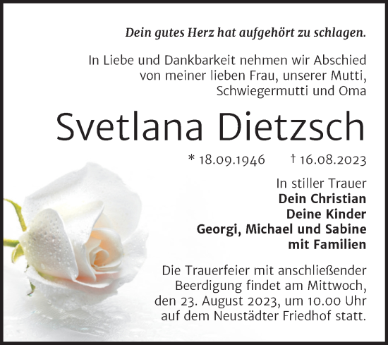 Traueranzeige von Svetlana Dietzsch von Mitteldeutsche Zeitung Halle/Saalkreis