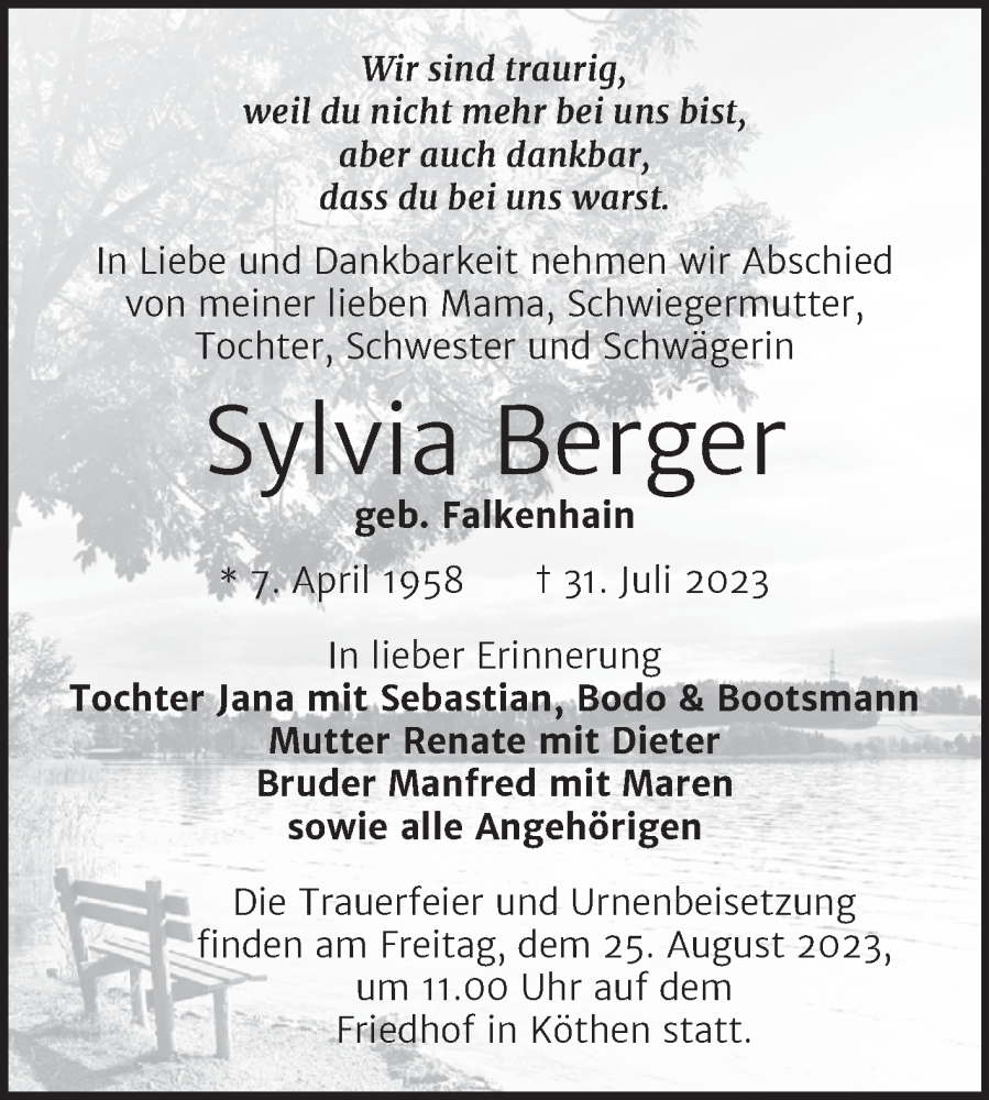  Traueranzeige für Sylvia Berger vom 11.08.2023 aus Trauerkombi Köthen