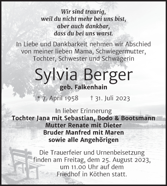 Traueranzeige von Sylvia Berger von Trauerkombi Köthen