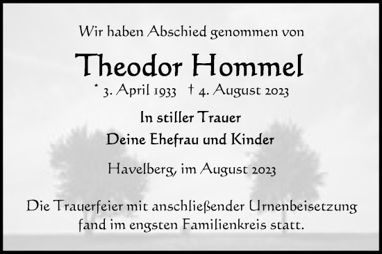 Traueranzeige von Theodor Hommel von Volksstimme Altmark Ost