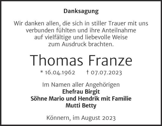 Traueranzeige von Thomas Franze von Trauerkombi Bernburg