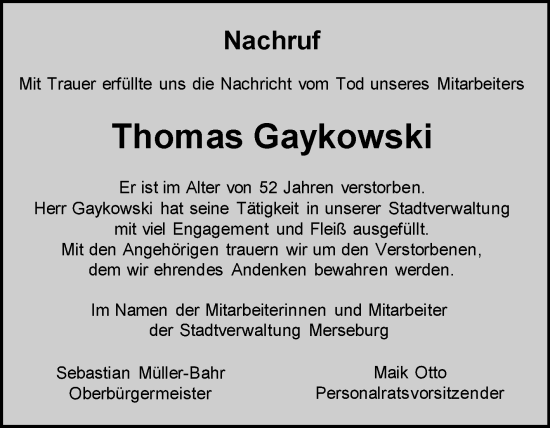 Traueranzeige von Thomas Gaykowski von Mitteldeutsche Zeitung Merseburg/Querfurt