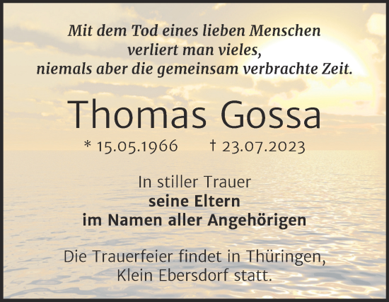 Traueranzeige von Thomas Gossa von Trauerkombi Bernburg