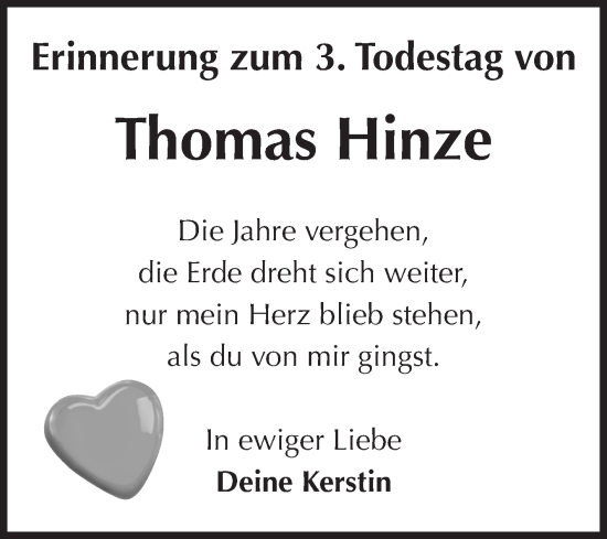 Traueranzeige von Thomas Hinze von Volksstimme Zerbst