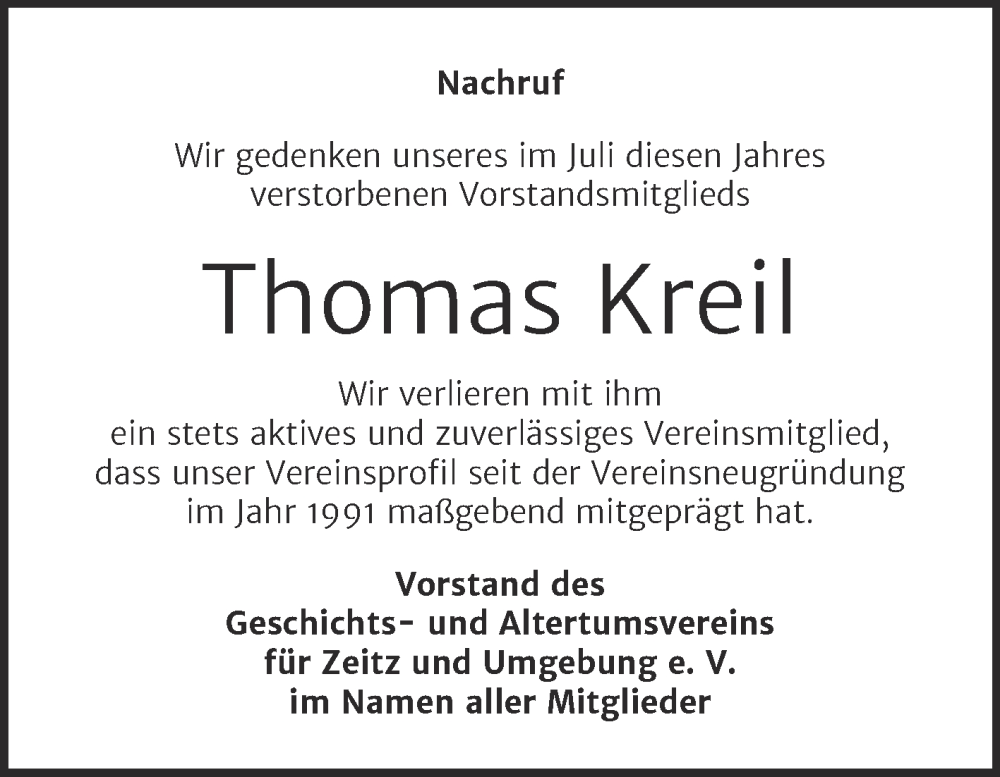  Traueranzeige für Thomas Kreil vom 12.08.2023 aus Trauerkombi Zeitz