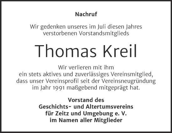 Traueranzeige von Thomas Kreil von Trauerkombi Zeitz