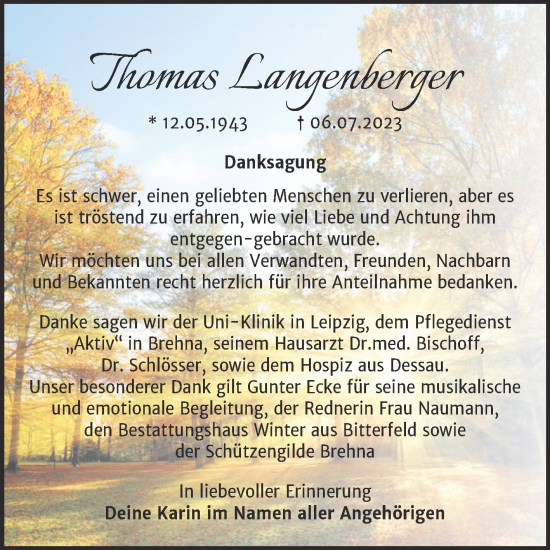 Traueranzeige von Thomas Langenberger von Mitteldeutsche Zeitung Bitterfeld