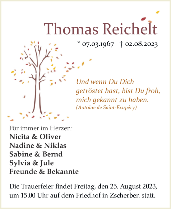 Traueranzeige von Thomas Reichelt von Mitteldeutsche Zeitung Halle/Saalkreis