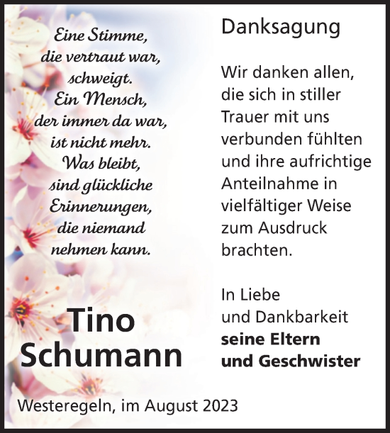 Traueranzeige von Tino Schumann von Volksstimme Staßfurt