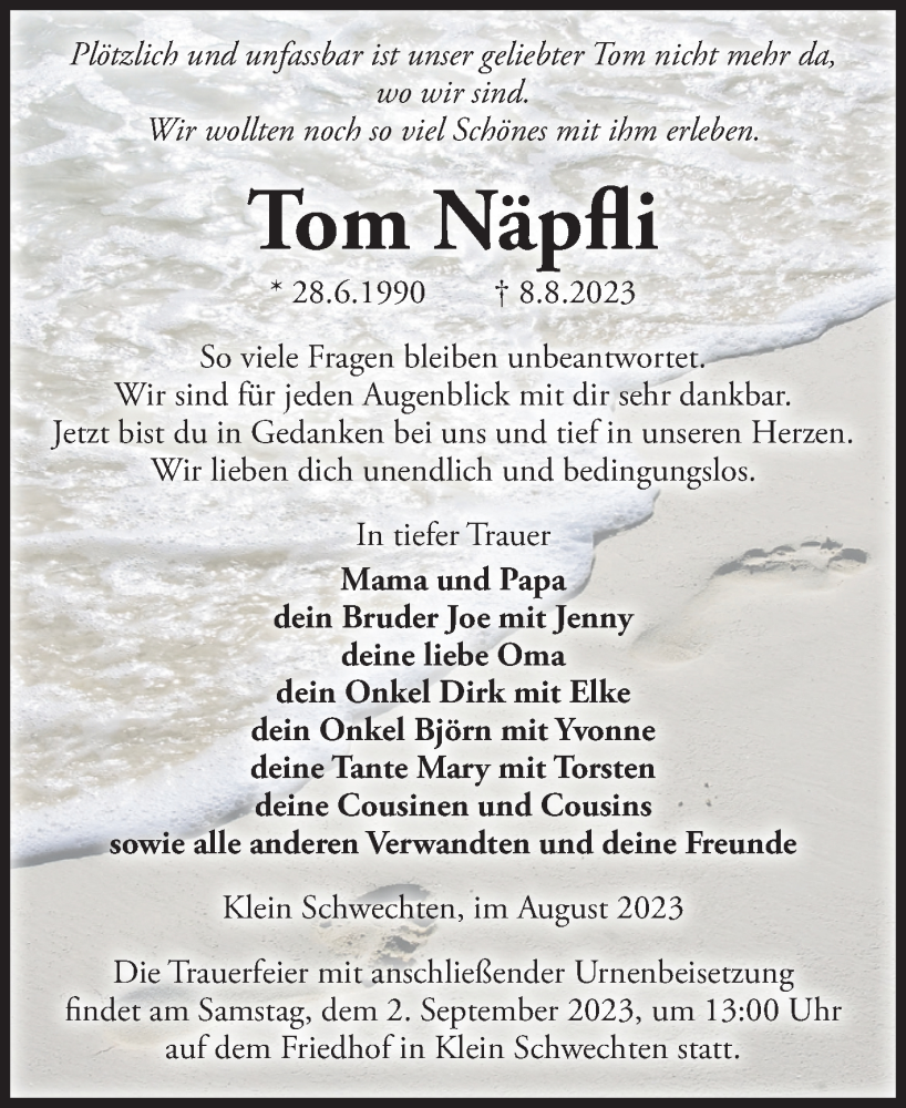  Traueranzeige für Tom Näpfli vom 18.08.2023 aus Volksstimme Altmark Ost