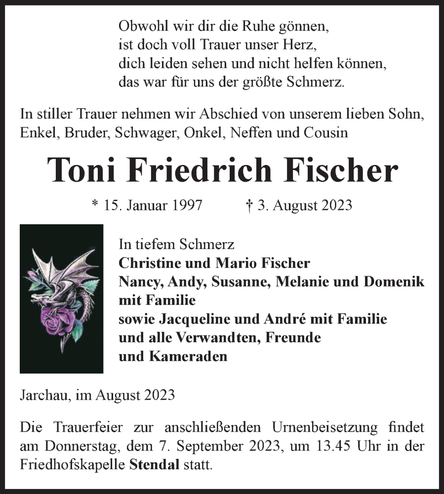  Traueranzeige für Toni Friedrich Fischer vom 25.08.2023 aus Volksstimme Altmark Ost