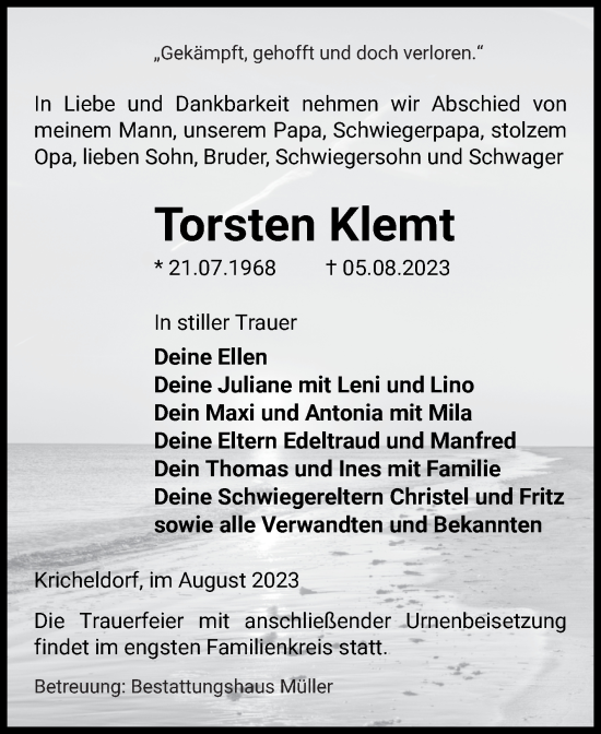 Traueranzeige von Torsten Klemt von Volksstimme Altmark West