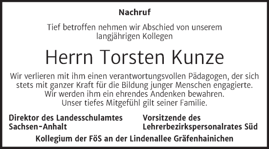 Traueranzeige von Torsten Kunze 