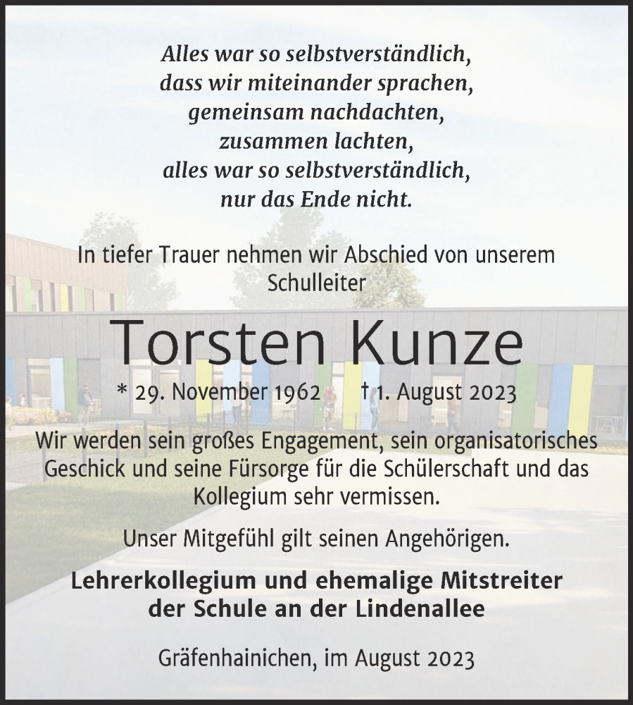  Traueranzeige für Torsten Kunze vom 12.08.2023 aus Trauerkombi Wittenberg