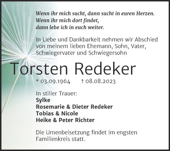 Traueranzeige von Torsten Redeker von Trauerkombi Bitterfeld