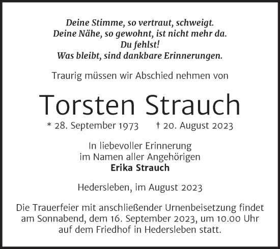 Traueranzeige von Torsten Strauch von Trauerkombi Quedlinburg