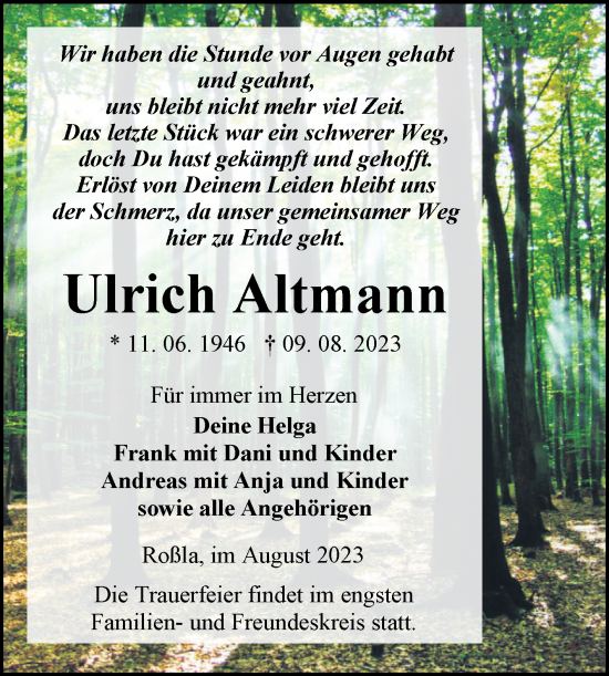 Traueranzeige von Ulrich Altmann von Trauerkombi Sangerhausen