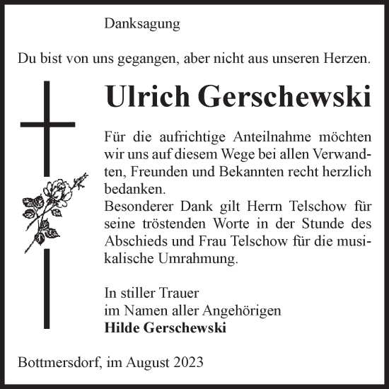 Traueranzeige von Ulrich Gerschewski von Volksstimme Oschersleben/Wanzleben