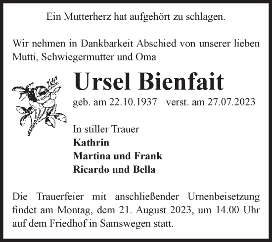 Traueranzeige von Ursel Bienfait von Volksstimme Haldensleben/Wolmirstedt