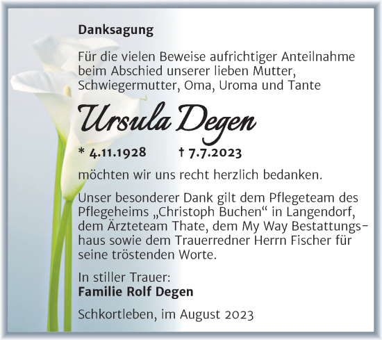 Traueranzeige von Ursula Degen von Trauerkombi Weißenfels