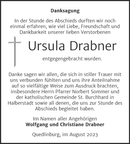 Traueranzeige von Ursula Drabner von Volksstimme Halberstadt