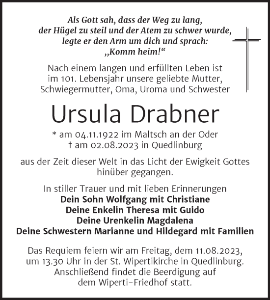 Traueranzeige von Ursula Drabner von Mitteldeutsche Zeitung Quedlingburg