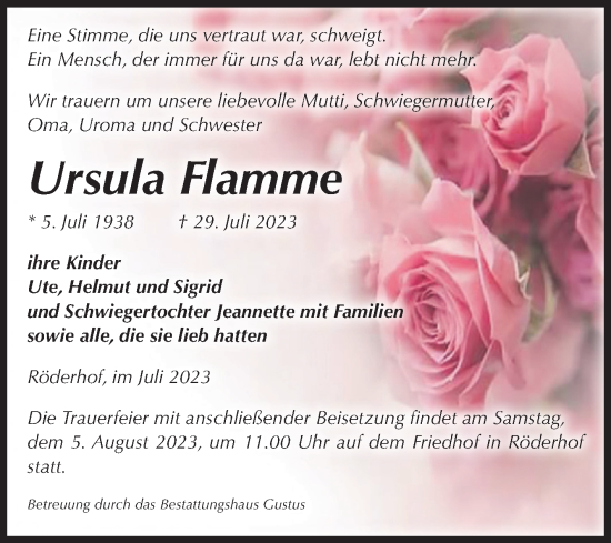 Traueranzeige von Ursula Flamme von Volksstimme Halberstadt