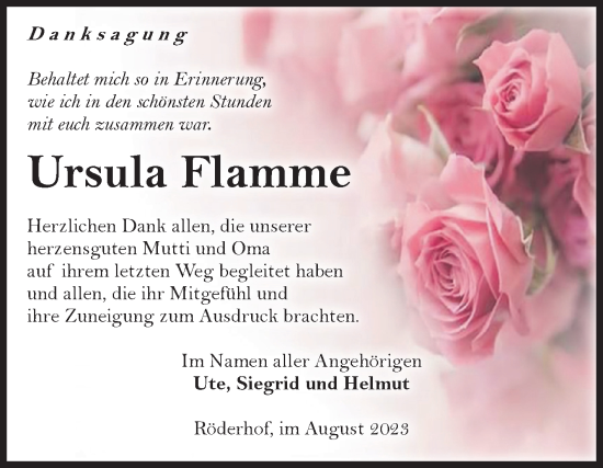 Traueranzeige von Ursula Flamme von Volksstimme Halberstadt