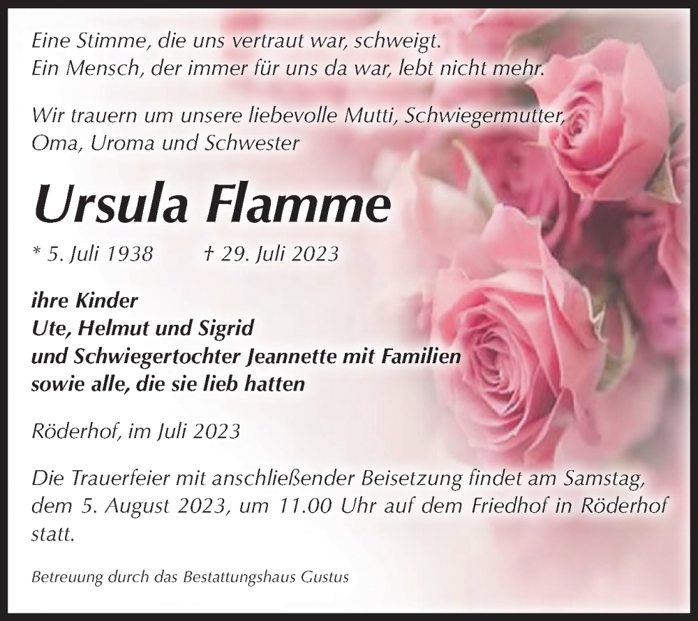  Traueranzeige für Ursula Flamme vom 02.08.2023 aus Volksstimme Halberstadt
