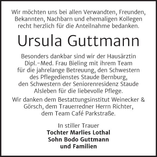Traueranzeige von Ursula Guttmann von Trauerkombi Bernburg