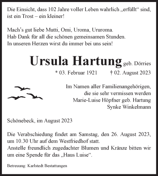 Traueranzeige von Ursula Hartung von Volksstimme Schönebeck