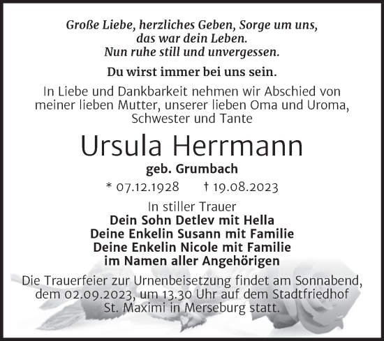 Traueranzeige von Ursula Herrmann von Trauerkombi Merseburg